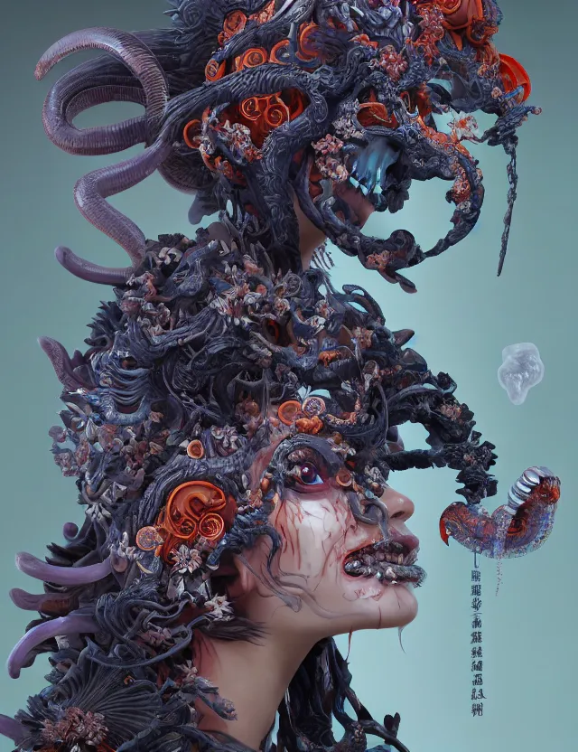 Image similar to 3 d goddess of hell close - up profile portrait with ram skull. beautiful intricately detailed japanese crow kitsune mask and clasical japanese kimono. betta fish, jellyfish phoenix, bio luminescent, plasma, ice, water, wind, creature, artwork by tooth wu and wlop and beeple and greg rutkowski