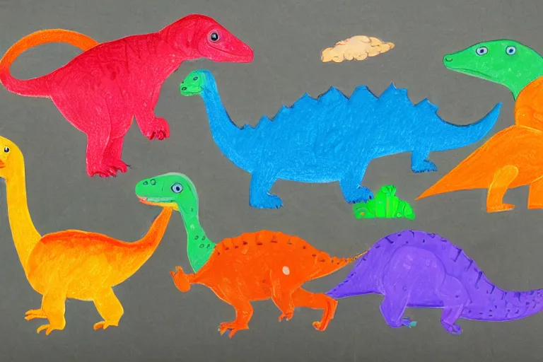 Image similar to A young child's crayon drawing of all the different kinds of dinosaurs holding hands