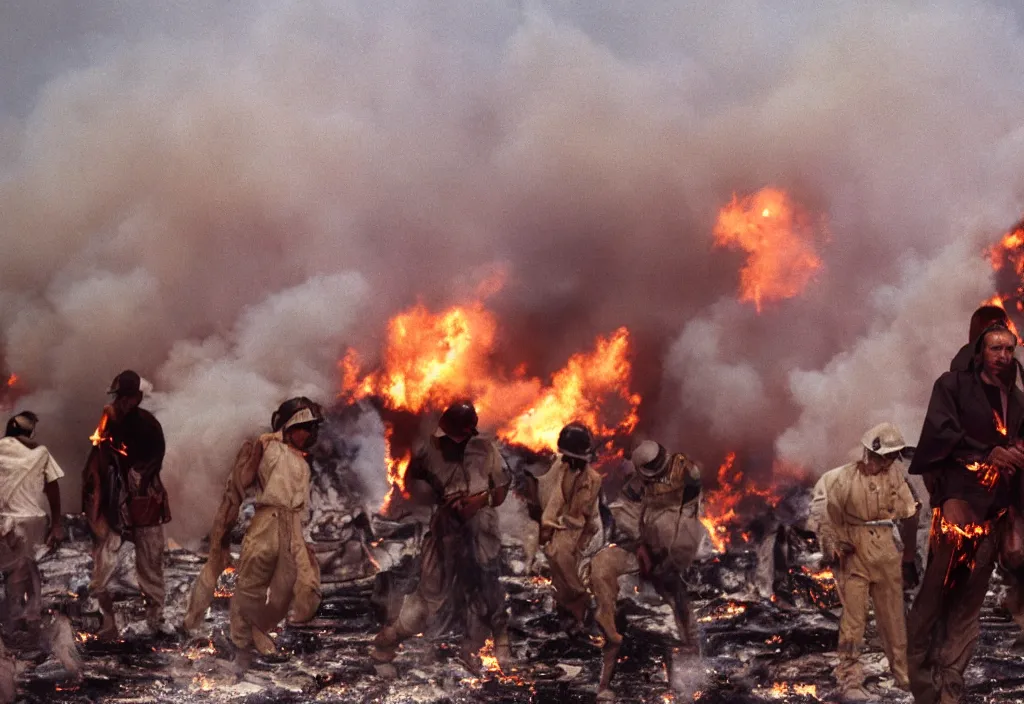 Image similar to fashion editorial in Kuwait oil fields burning fire burning. 1991. highly detailed. depth of field. high definition. 8k. photography.