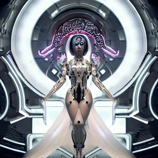 Image similar to symmetrical feminine cyborg goddess rendered in Cinema 4D and Octane and Unreal Engine 5, elegant cybernetic body and ornate futuristic outfit, glowing white neon eyes, platinum and obsidian flowing long hair, art by Artgerm, Beeple and Alphonse Mucha, hyperrealism, full body photogenic shot, digital render, cinematic lighting ornate earrings, 8k resolution, masterpiece work