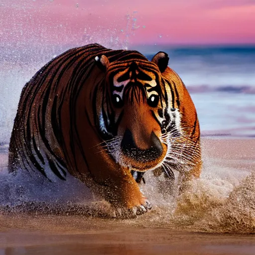 Image similar to a closeup photorealistic photograph of a cute tiger hippo playing volleyball at the beach during sunset. Surf in the background. This 4K HD image is Trending on Artstation, featured on Behance, well-rendered, extra crisp, features intricate detail and the style of Unreal Engine.