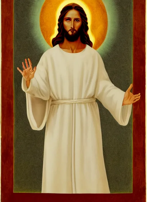 Image similar to « full length portrait of the white - tailed jesus in a white robe and flame in eyes, seven stars in right hand »