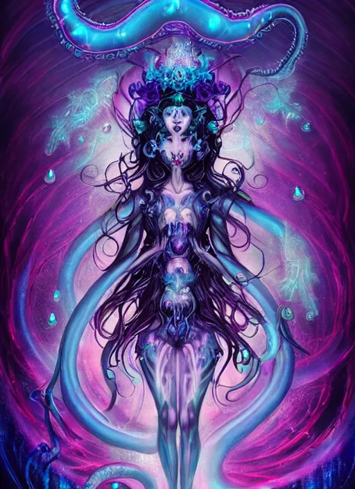 Prompt: A full shot of a dark fairy from the Abyss covered in opal. Symmetrical. Underwater. Lit from above. Dark foreboding Atmosphere. Sailor Moon. Tentacles. Kawaii. Neon glow. By Lisa Frank and HR Giger and Ross Tran. Key Art. Fantasy Illustration. award winning, Artstation, intricate details, realistic, Hyperdetailed, 8k resolution. Photoreal. Octane Render.