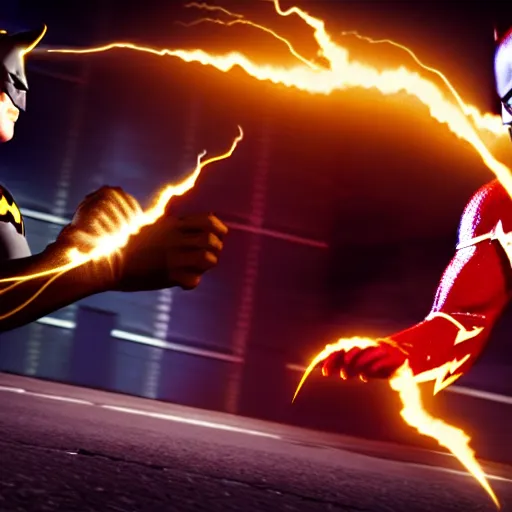 Image similar to ultra detailed fight between batman and the flash, unreal engine, extremely detailed, epic, dark, highly realistic, spiritual masterpiece, beautiful