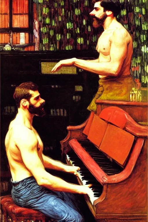 Image similar to attractive man playing piano, painting by tom of finland, john william waterhouse, claude monet