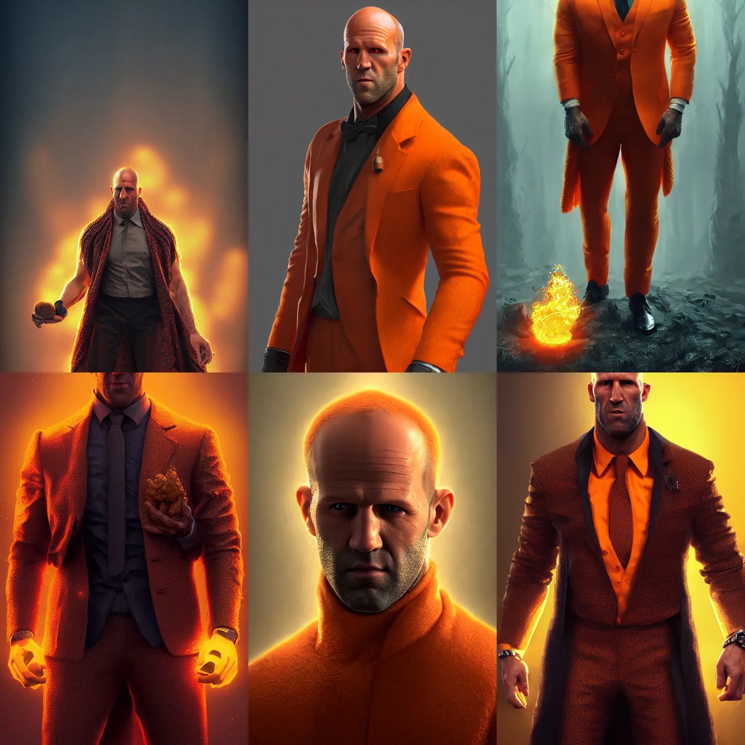 Prompt: ultrarealistic fantasy portrait jason statham, orange suit made out of ( chicken nuggets ) ( chicken nugget ) mantle gothic ( chicken nugget ) cloak with intricate details, fantasy character octane render, cinematic lighting, volumetric lighting, artstation, dnd art, cgsociety, sharp focus, digital painting by artgerm, gerald brom, wlop