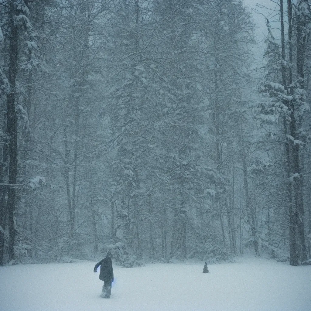 Image similar to photo, bigfoot is hiding in the background. cold color temperature, snow storm. hazy atmosphere. humidity haze. kodak ektachrome, greenish expired film, award winning, low contrast