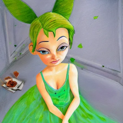 Image similar to Tinkerbell in short green dress with tattered hem, thick heavy eye makeup, bare feet, hungover, coffee cup, stark oil painting by Jasmine Beckett