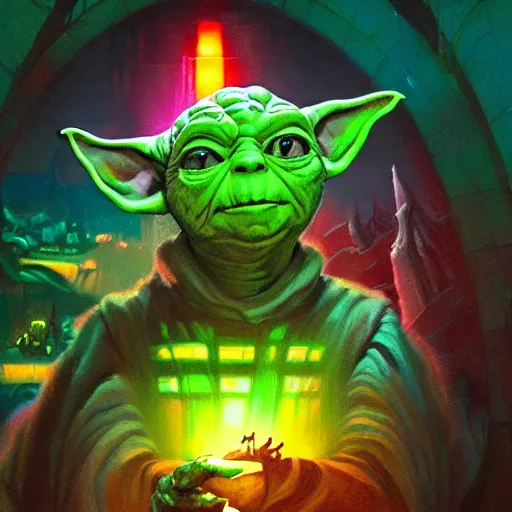 Prompt: portrait of yoda as a lizard wizard, overwhelming energy, detailed background by m. w. kaluta + bruce pennington, dark side, neon color, volumetric lighting, colorful vapor, deep dark color, floating molecules, digital painting, oil painting, artwork by ralph mcquarrie + cory loftis + andreas rocha + paul lehr + ian mcque + eddie mendoza