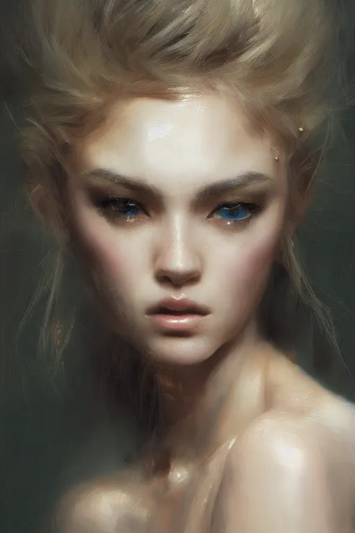 Image similar to girl portrait painting by ruan jia, Kenneth Willardt, ross tran, WLOP, Andrei Riabovitchev, golden skin, mystery background, harper's bazaar, vogue, magazine, concept art, ornate, luxury, elite, elegant, trending on artstation ,