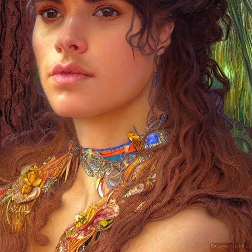 Image similar to face portrait of a beautiful alluring female aztec queen in a dense jungle at sunset, detailed, centered, digital painting, artstation, concept art, donato giancola, Dante Gabriel Rossetti, alphonse mucha, Joseph Farquharson, Joseph Christian Leyendecker, WLOP, Boris Vallejo, Breathtaking, 8k resolution, extremely detailed, beautiful, establishing shot, artistic, hyperrealistic, beautiful face, octane render