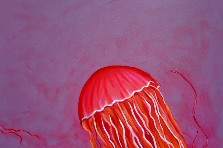 Prompt: painting of a red jellyfish in the deep sea alone, focus on pink jellyfish, dark background, arcylic,