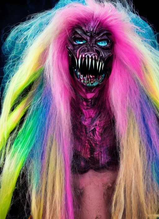 Prompt: a brutal terrifying and mysterious weird monster of chaos warped in horror with long rainbow - colored hair, her skin has gaps, spikes, and complex alien textures, terrifying and mysterious
