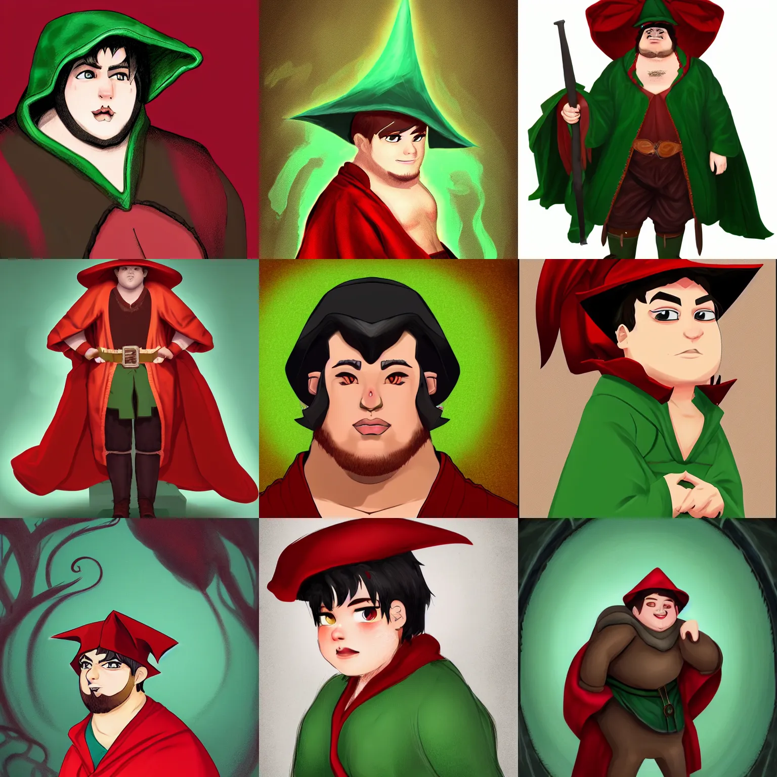Prompt: portrait, 25 years old :: overweight fantasy mage :: ugly, green eyes, short black hair :: wearing a red brown robe, pointed hat :: high detail, digital art, RPG, concept art, illustration
