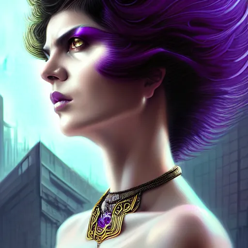 Image similar to woman with extremely large and intricate haircut with angry purple eyes and slim features looking askance, eye cyberpunk bionics, retro futurist style, intricate, elegant gleaming intricate baroque jewelry, angelic halo, highly detailed, digital painting, artstation, concept art, smooth, sharp focus, illustration, art by wlop, mars ravelo and greg rutkowski,