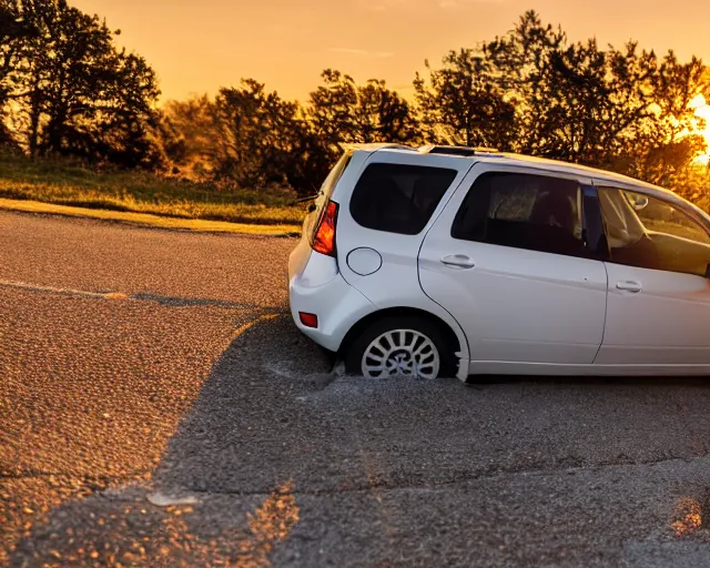 Image similar to border collie dog in the driver's seat of an orange nissan note, paws on wheel, car moving fast, rally driving photo, award winning photo, golden hour,