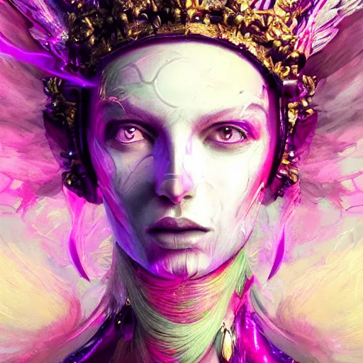 Image similar to female angel queen head wearing shiny pink crown, subtle purple accents, hyper details, black metal rococo, sculpted by Alex Alice, Craig Mullins, yoji shinkawa, trending on artstation, beautifully lit, Peter mohrbacher, hyper detailed, elite, elegant, luxury, ray of light through smoke, CGsociety, hypermaximalist, golden ratio, neofuture, volumetric, octane render, weta digital, micro details, 3d sculpture