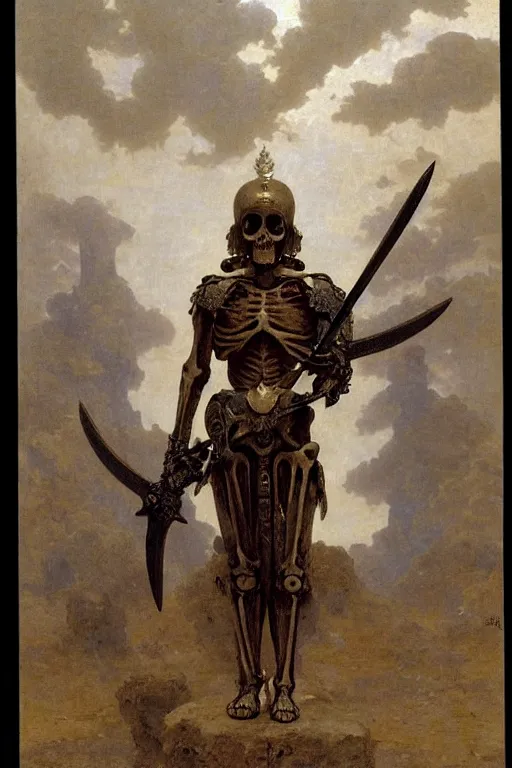 Image similar to portrait of a skeleton warrior with big sword, wearing helmets and armor with wings, symmetrical, solemn, sacred, aura, by bouguereau