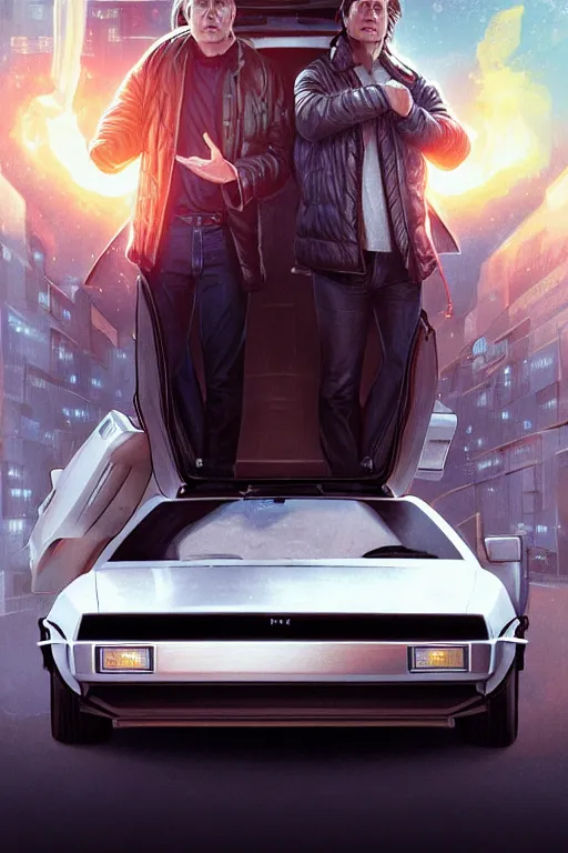 Image similar to elon musk as marty mcfly near delorean, realistic portrait, symmetrical, highly detailed, digital painting, artstation, concept art, smooth, sharp focus, illustration, cinematic lighting, art by artgerm and greg rutkowski and alphonse mucha