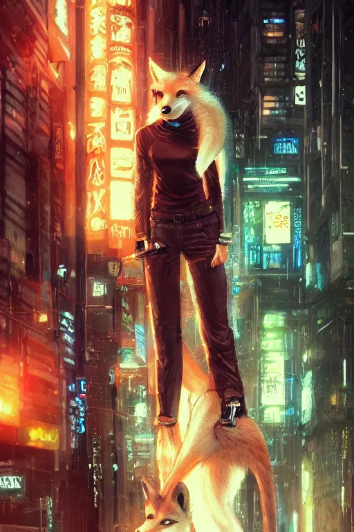 Prompt: beautiful portrait of a tall white female anthro fox smoking a cigarette towering head and shoulders above the bustling crowd of a rainy city street around her, cyberpunk clothes, harsh neon lights, highly detailed, sharp focus, digital painting, illustration, trending on artstation, art by sakimichan, wlop, greg rutkowski