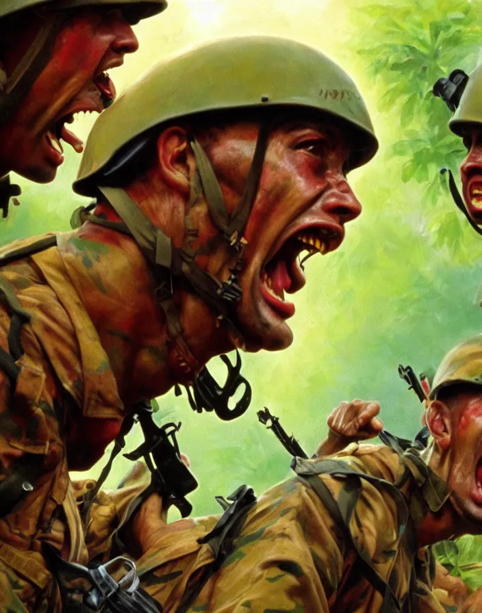 Vietnam war scene with a three american soldiers into Stable