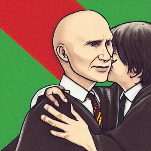 Image similar to harry potter hugging voldemort, pride flag in background, full picture, art by normal rockwell