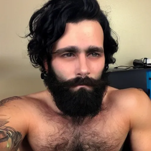 Prompt: a chad with wavy black hair and a beard. muscular. godlike. tank top. using a computer.