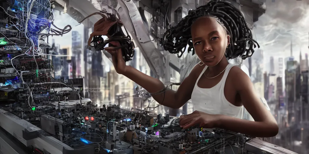 Prompt: a black girl kid scientist constructing a giantic analogic synthsizer with a lot of button potenciometers and iron cables, futuristic, cyberpunk, biomechanical, xenomorphic, photorealistic, ultra detailed, 4 k, chomatic aberration, dof