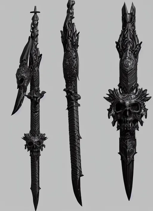 Image similar to a black long sword skull crest, orthographic, ornament, weapon, a 3 d render by dom qwek, front side views full, trending on polycount, artstation, hard surface modeling, rendered in maya, 3 ds max, blender, hd, vray