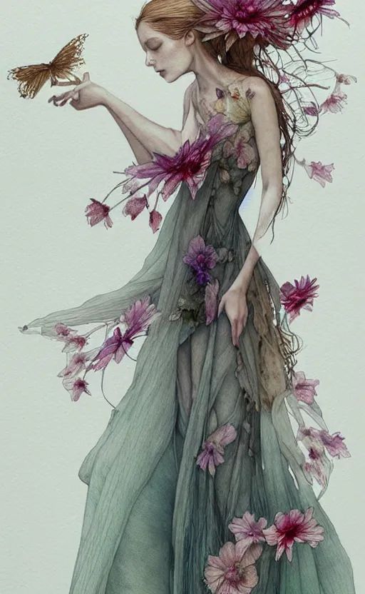 Prompt: study of a flower fairy, wearing alexander mcqueen dress, illustration, watercolor, alan lee, detailed, pretty, ethereal, realistic, artstation,