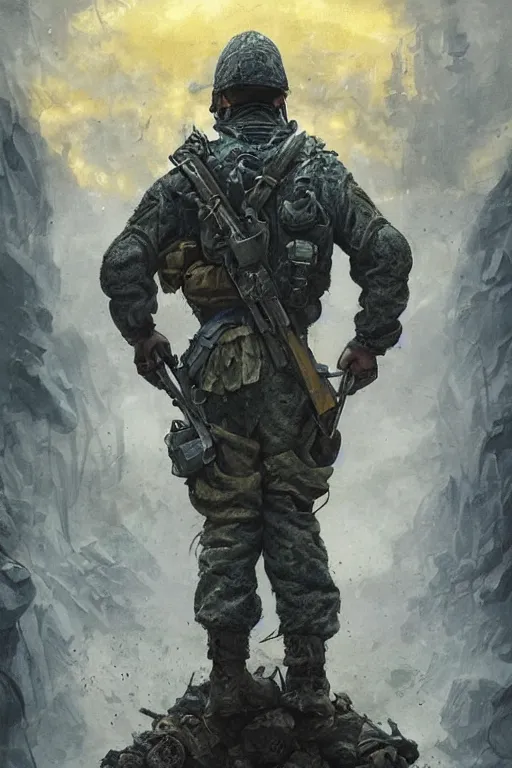 Image similar to a distant shot of a Ukrainian Call of Duty soldier with blue and yellow uniform standing alone on a pile of skulls as a winner, masculine figure, D&D, fantasy, intricate, elegant, highly detailed, extremely detailed, digital painting, artstation, concept art, matte, sharp focus, symmetrical, illustration, art by Artgerm and Greg Rutkowski and Alphonse Mucha