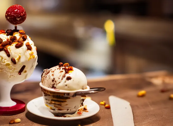 Prompt: dslr food photograph of ice cream sundae with baked bean topping, 8 5 mm f 1. 8