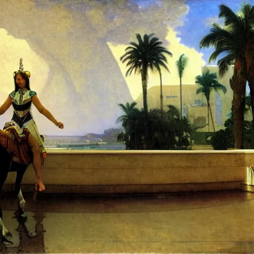 Prompt: Girl riding a horse leaving the palace through the bridge, thunderstorm, pool, beach and palm trees on the background major arcana sky, by paul delaroche, alphonse mucha and arnold böcklin arnold böcklin hyperrealistic 8k, very detailed