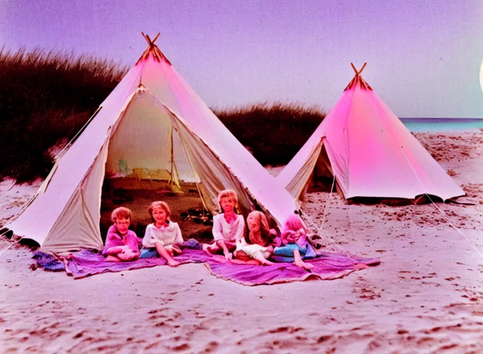 Image similar to a vintage family holiday photo of an empty beach from an alien dreamstate world with chalky pink iridescent!! sand, reflective lavender ocean water, dim bioluminescent plant life and an igloo shaped plastic transparent bell tent surrounded by holiday clutter opposite a pit with an iridescent blue flame flickering. refraction, volumetric, light.