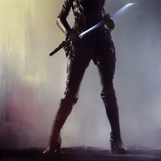 Image similar to painting of a female wearing skintight leather jacket holding a sword, by jeremy mann, fantasy art, dynamic lighting, artstation, poster, volumetric lighting, 4 k, award winning