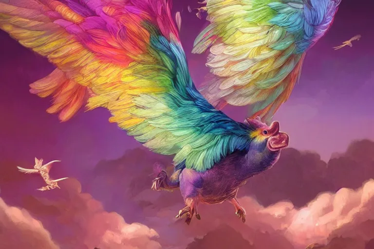 Image similar to a rainbow feathered pig with wings, flying above a tropical forest, HD, illustration, epic, D&D, fantasy, intricate, elegant, highly detailed, digital painting, artstation, concept art, smooth, sharp focus, illustration, wallpaper, art by artgerm and greg rutkowski and alphonse mucha and jin xiaodi and anthony devine