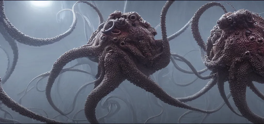 Prompt: a complex organic fractal 3 d metallic symbiotic ceramic megastructure octopus consuming a solar system, foggy, cinematic shot, photo still from movie by denis villeneuve, wayne barlowe