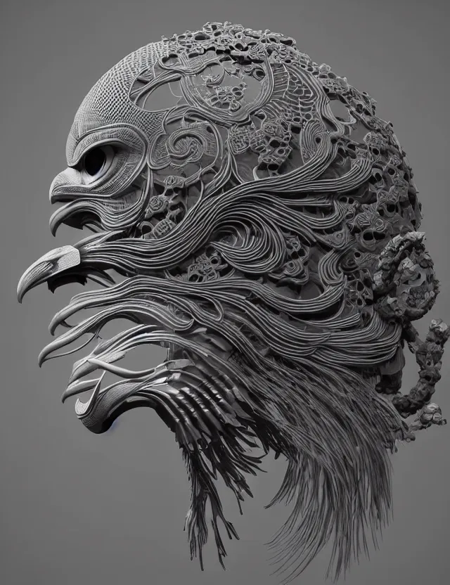 Image similar to 3 d hard surface modelling goddess close - up profile portrait with ram skull. beautiful intricately detailed japanese crow kitsune mask and clasical japanese kimono. betta fish, jellyfish phoenix, bio luminescent, plasma, ice, water, wind, creature, artwork by tooth wu and wlop and beeple and greg rutkowski