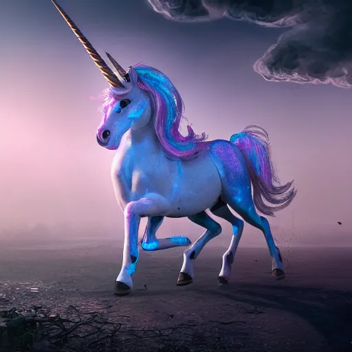 Prompt: a iridescent unicorn is injured, footsteps of blood follows behind it, toxic glowing smog in the sky, ultra realistic, concept art, intricate details, highly detailed, photorealistic, octane render, 8 k, style of mary jackson