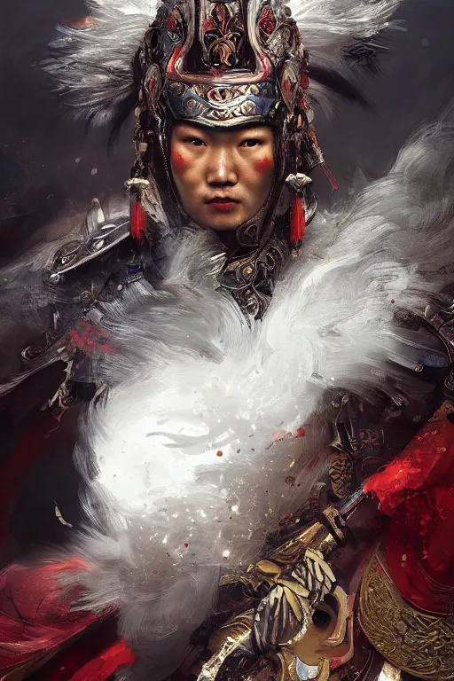 Image similar to chinese warrior, portrait, fierce, intricate, elegant, volumetric lighting, scenery, digital painting, highly detailed, artstation, sharp focus, illustration, ruan jia, steve mccurry