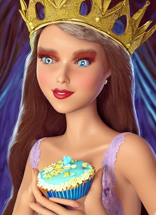 Image similar to closeup face profile portrait of a fairytale princess wearing a crown eating cakes, bikini, depth of field, zeiss lens, fashion photoshoot, by dan decarlo, bob clampett, bill ward, earl norem, max fleischer, breathtaking, 8 k resolution, extremely detailed, beautiful, establishing shot, artistic, hyperrealistic, octane render