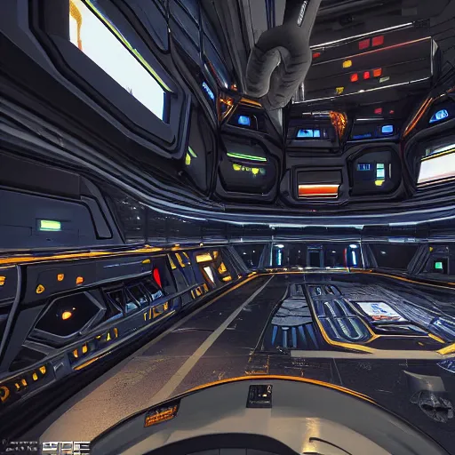 Prompt: photo realistic interior of Elite Dangerous space port artwork