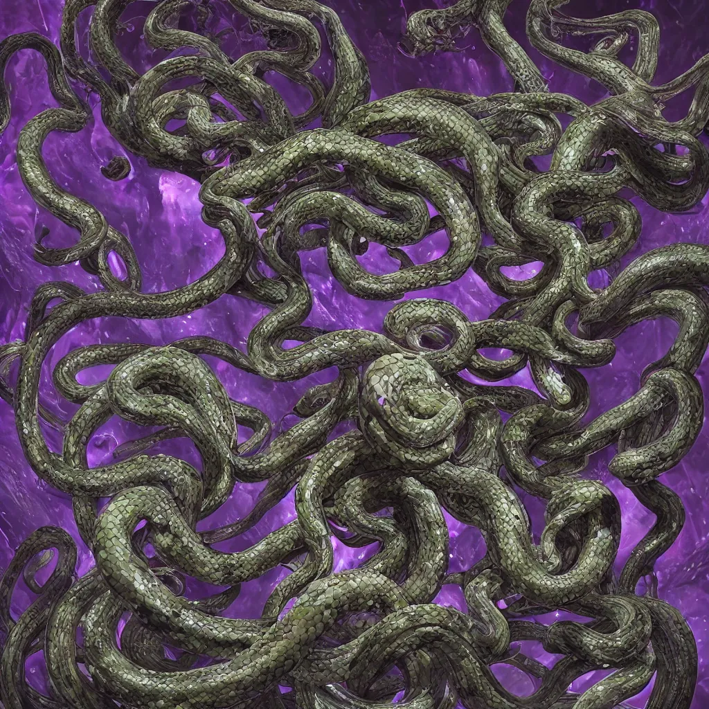 Image similar to beautiful medusa gorgon highly detailed snakes, cosmic horror, abstract, ghostly, arcade, duotone, poltergeist, epic lighting, intricate, elegant, highly detailed, smooth, sharp focus, photo real, ultra realistic, unreal engine 5, raytracing, in the style of beeple and mike winkelmann, ultraviolet colors,