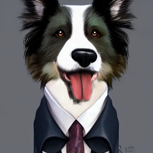 Image similar to a portrait of a cute male anthro border collie wearing a suit. fursona commission on furaffinity, by henry asencio, jon foster, ross tran, detailed, soft lighting, rendered in octane, furry