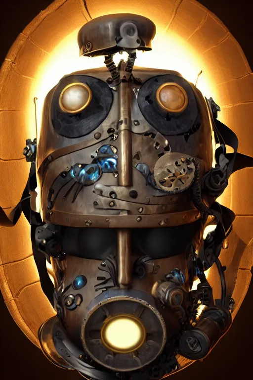 Image similar to steampunk mask minimalist fantasy art robot ninja helmet, global illumination ray tracing hdr fanart arstation by sung choi and eric pfeiffer and gabriel garza and casper konefal radiating a glowing aura