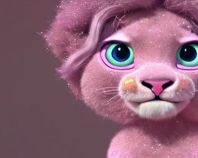 Image similar to a cute baby lion, big eyes, soft fur texture, pastel colours, colorful, glitter crystals, cute, pixar animation style, detailed, soft light, octane render, 4 k,