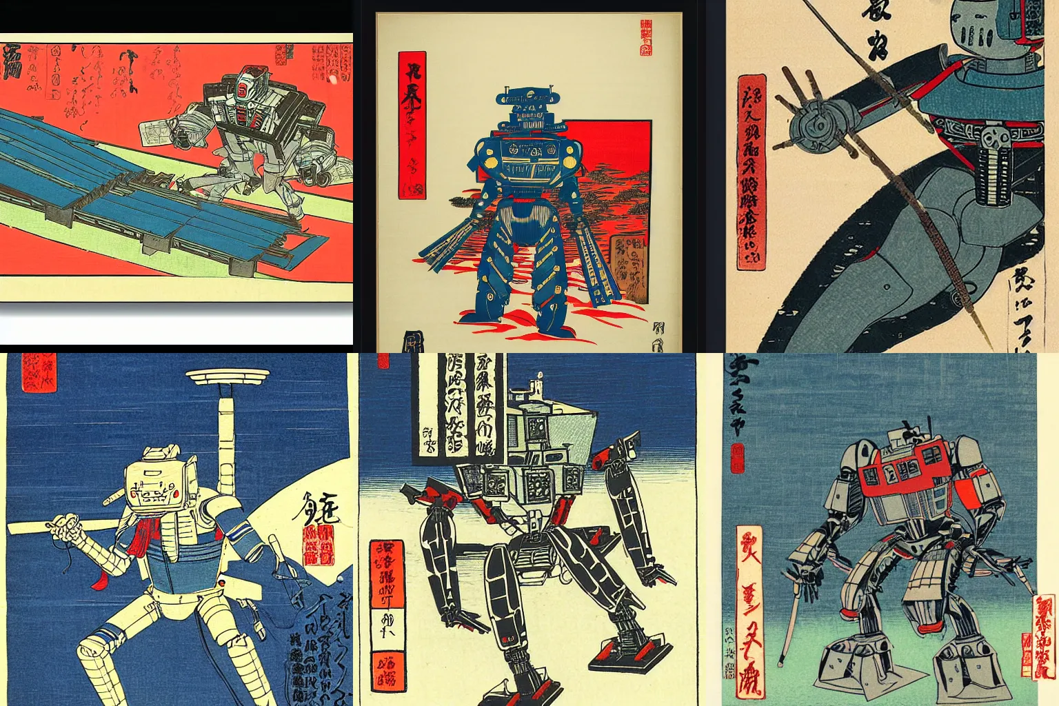 Prompt: Combat model robot, woodblock print by Hiroshige