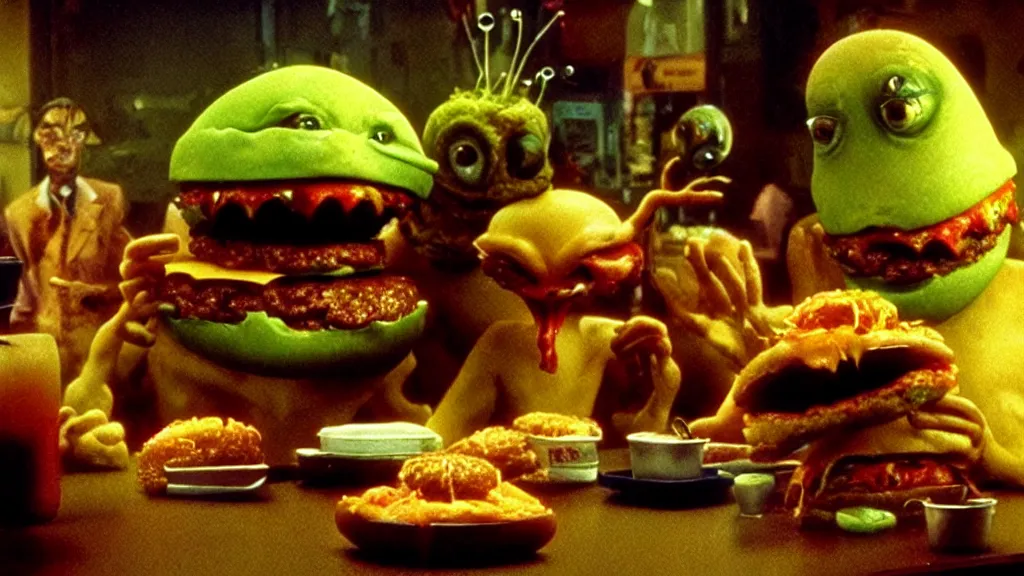 Image similar to the strange cheeseburger creature loves everybody at the fast food place, film still from the movie directed by denis villeneuve and david cronenberg with art direction by salvador dali and zdzisław beksinski, wide lens