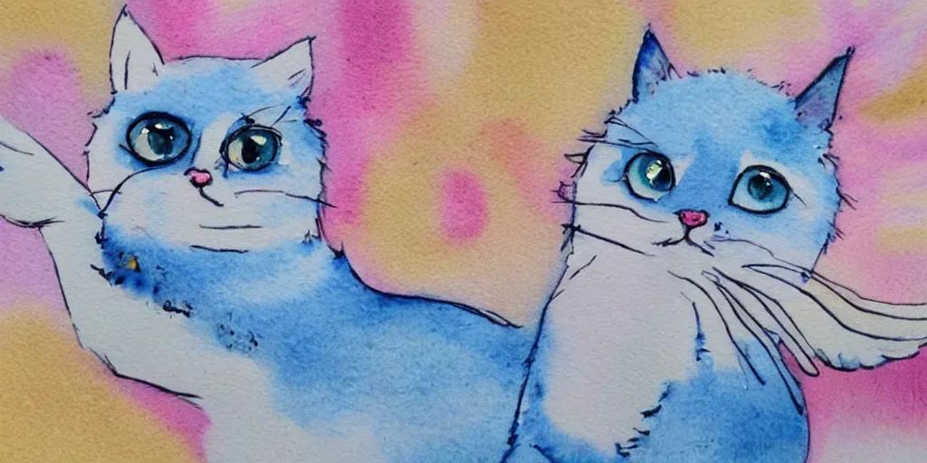 Image similar to watercolor illustration style, flying cute cats with tiny blue wings