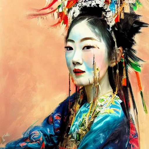 Prompt: spontaneous portrait under painting of a lady in chinese opera headdress, beautiful juicy brush strokes, colorful, by richard schmid and sargent, trending on cgsociety, expressionism